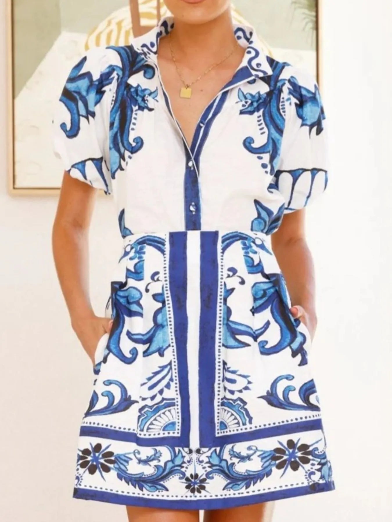 Puff Sleeve Printed Top and Zip Back Skirt Set