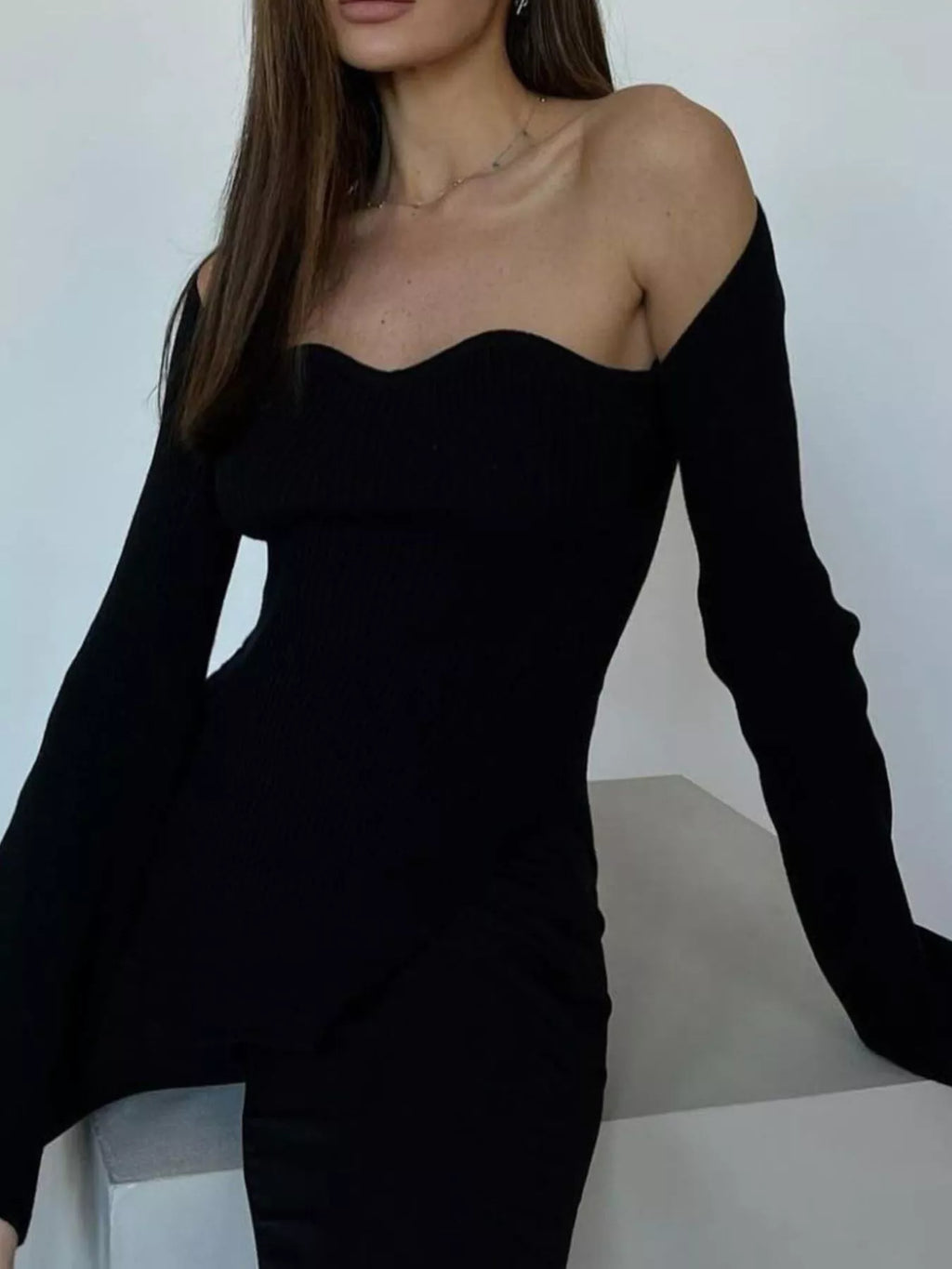 Ribbed Knit Sweetheart Neckline Sweater