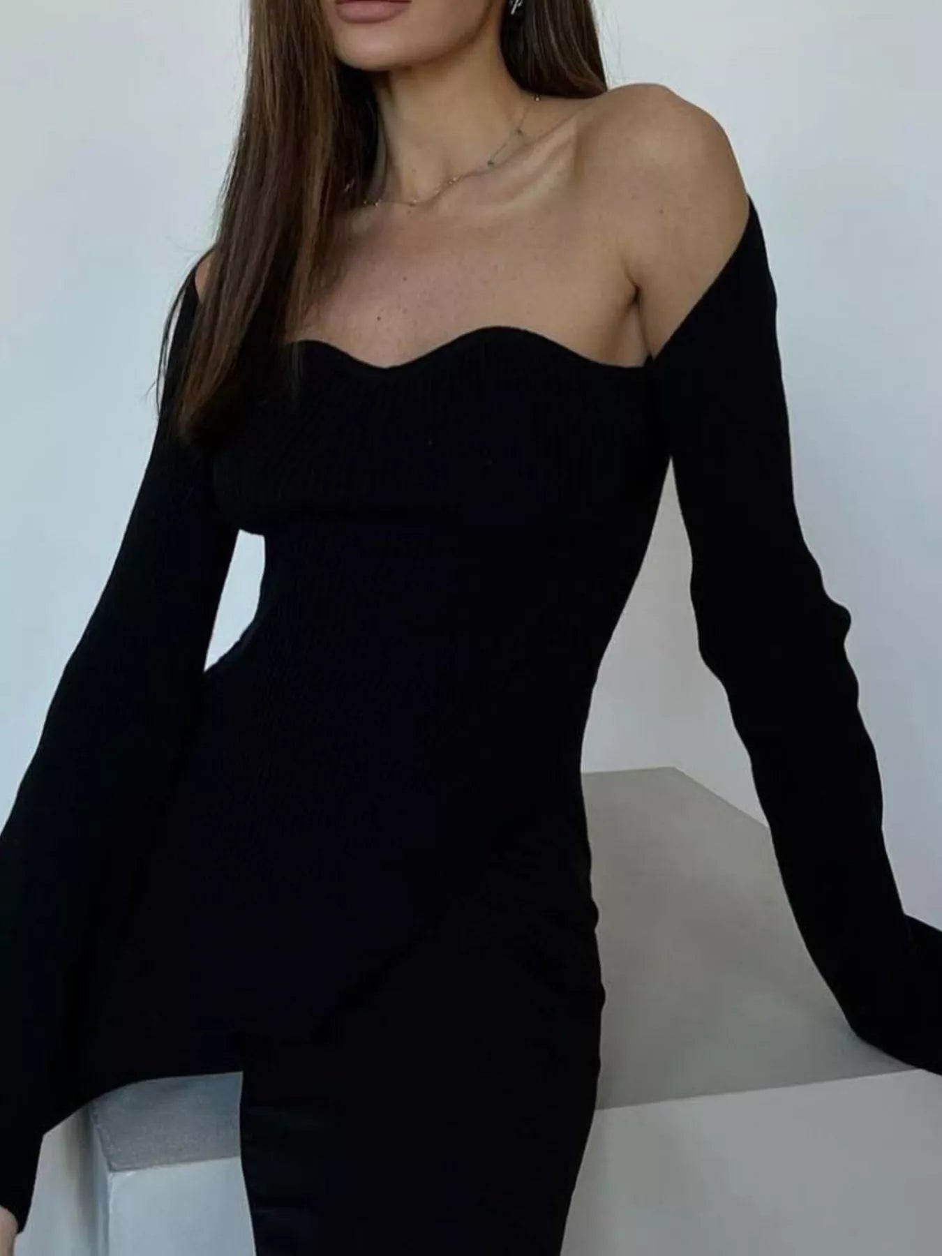 Ribbed Knit Sweetheart Neckline Sweater