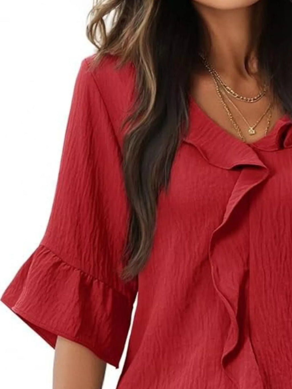 Ruffled V-Neck Bell Sleeve Blouse