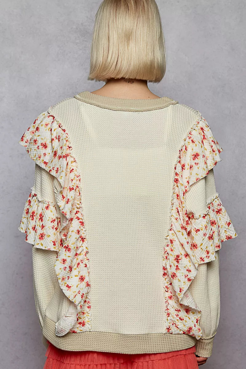 POL Round Neck Sweater with Floral Ruffle Detail