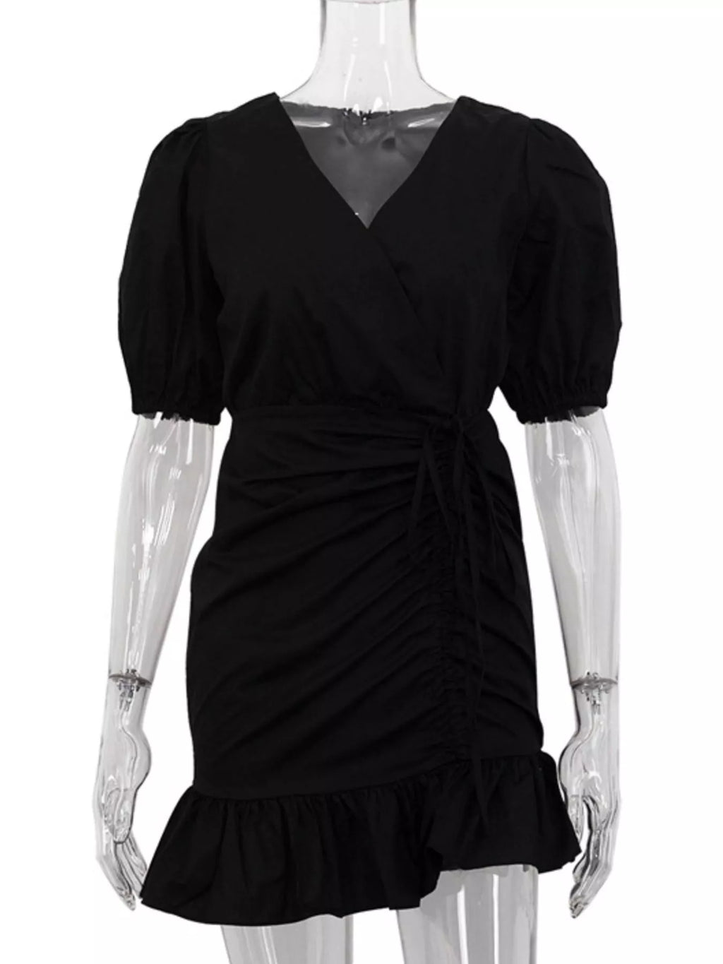 Ruffled Hem Ruched Puff Sleeve Mini Dress
