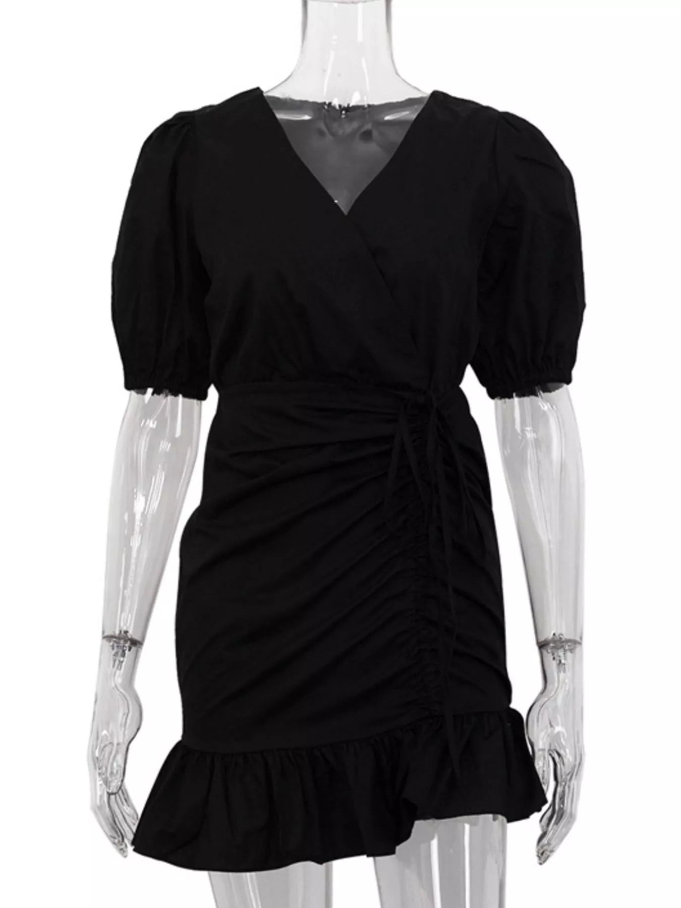 Ruffled Hem Ruched Puff Sleeve Mini Dress