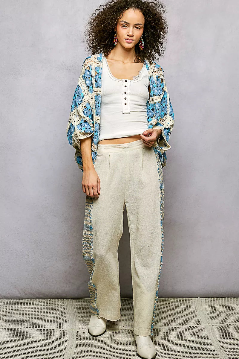 POL Open Front Floral Crochet Cardigan