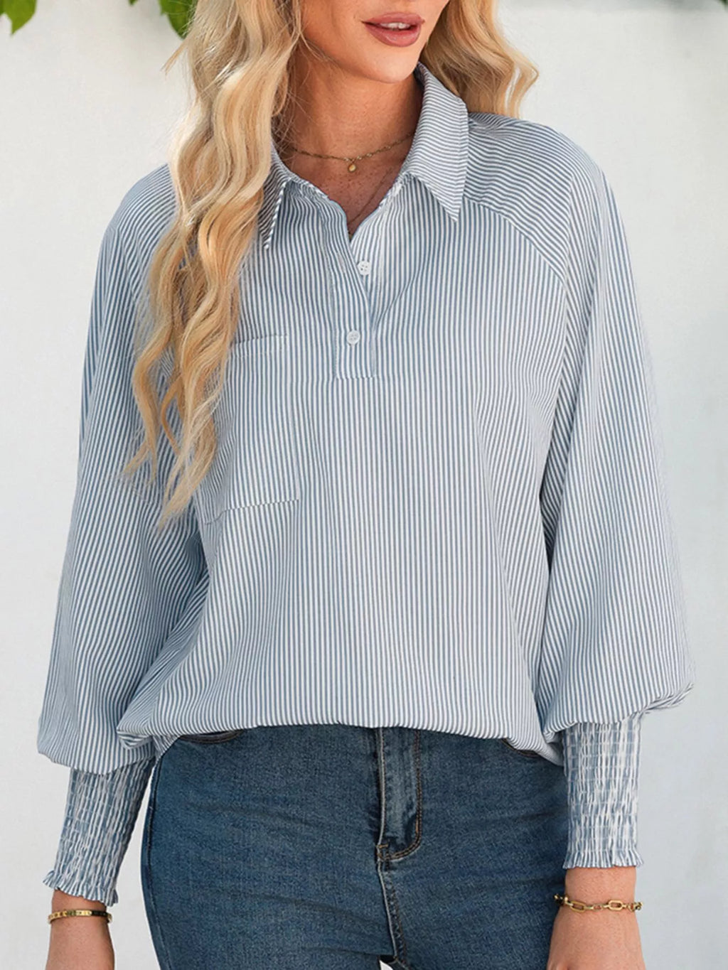 Pinstripe Long Sleeve Smocked Cuffs Button Shirt Collar Blouse
