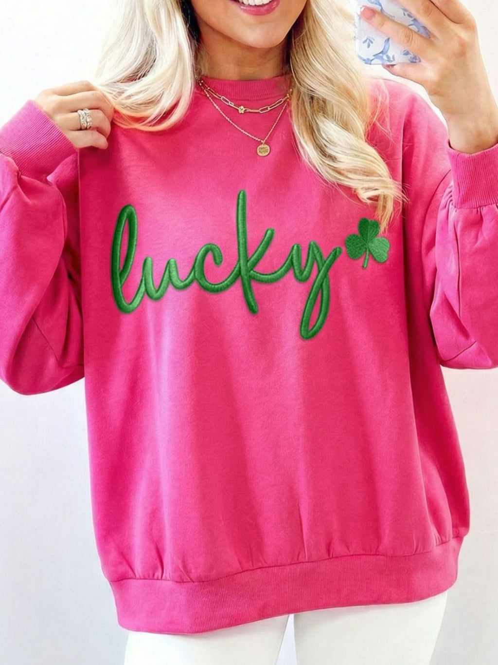 Lucky Clover Embroidered Loose Pullover Sweatshirt