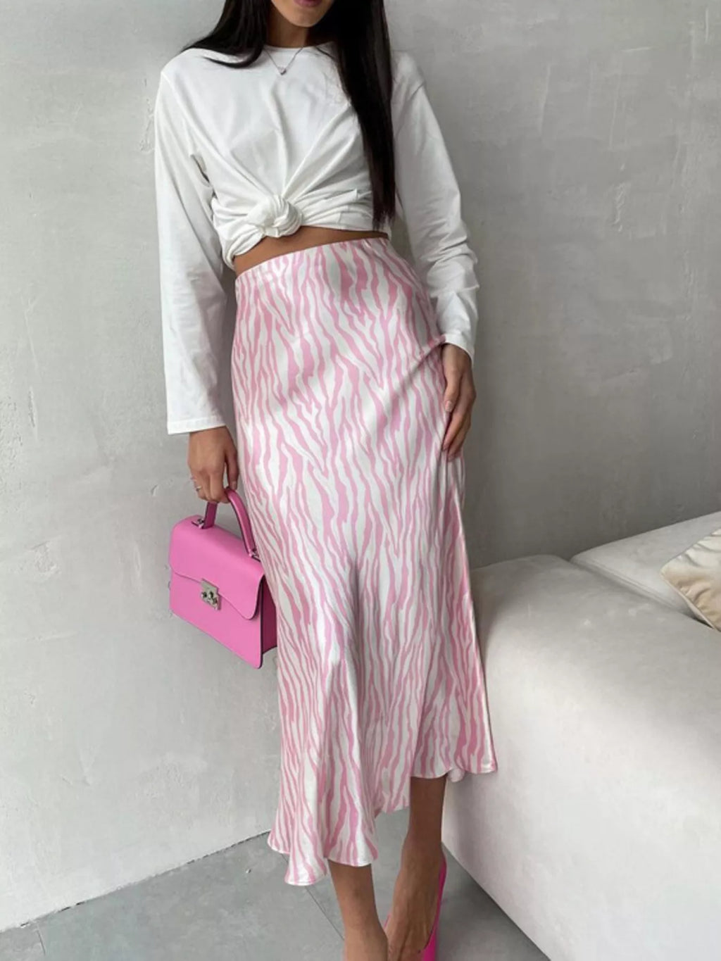 Satin Zebra Print Midi Skirt