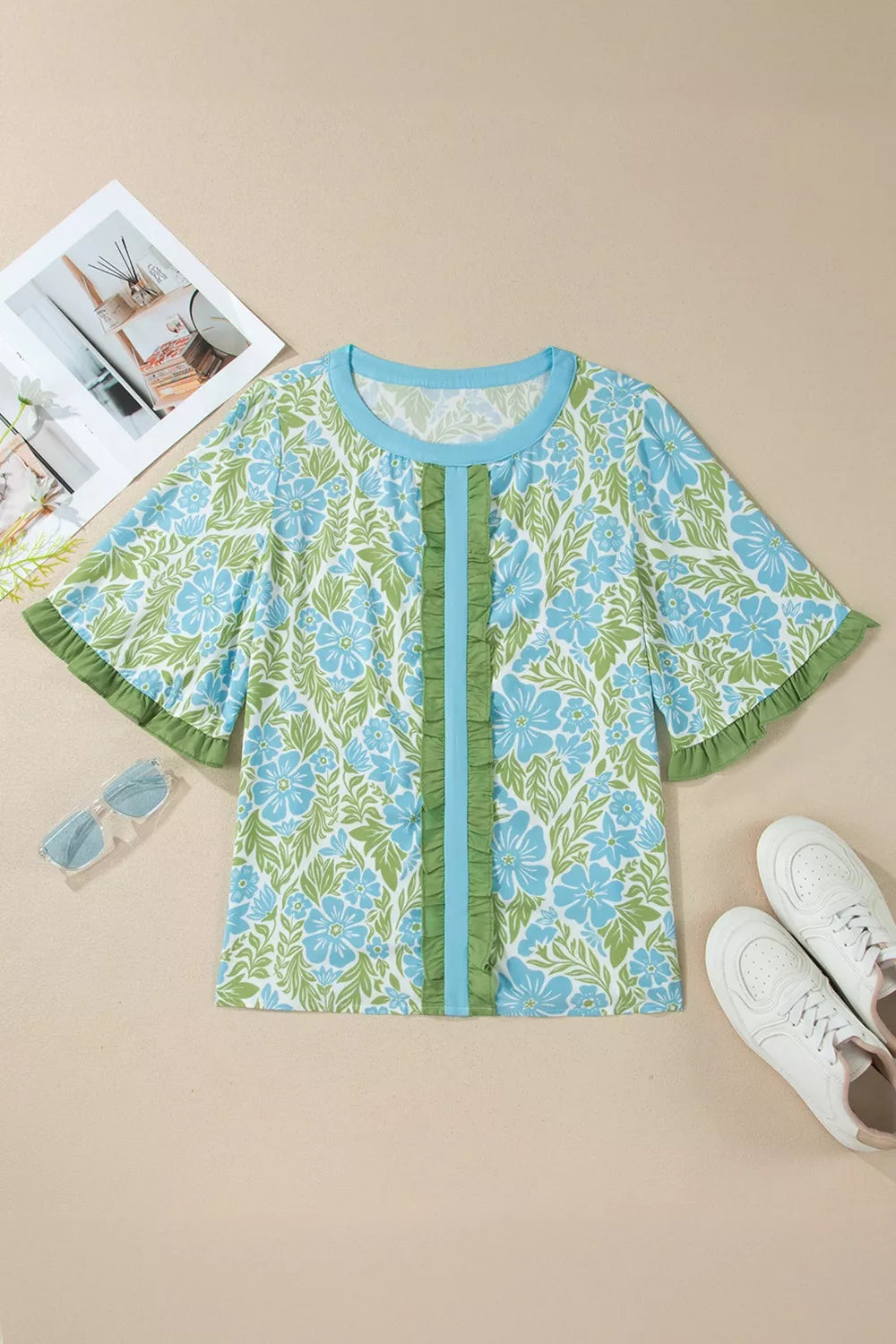 Floral Print Ruffled Color Block Trim Half Sleeve Blouse