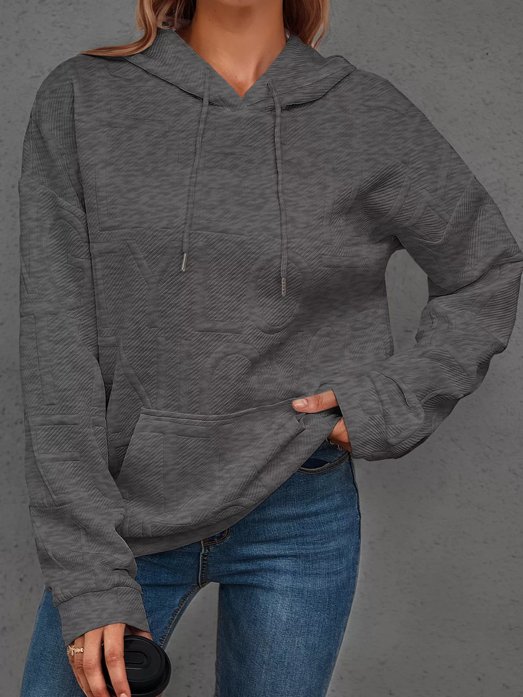 Full Size Textured Embossed Long Sleeve Hoodie Plus Size