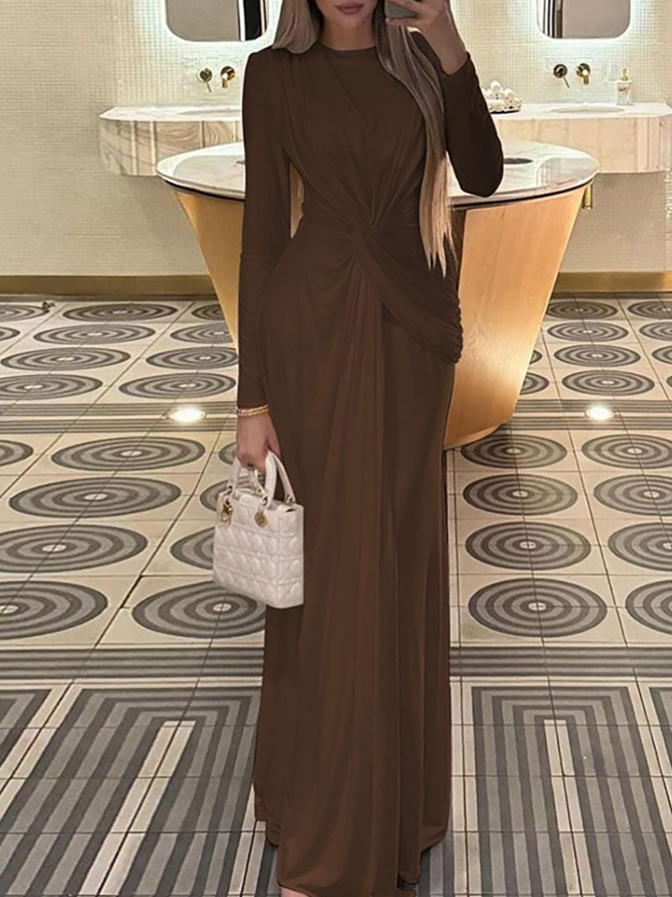 Ruched Knot Front Long Sleeve Maxi Dress