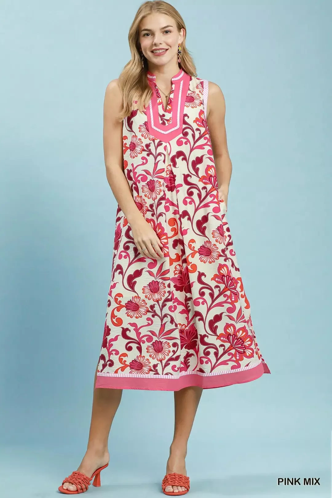 Umgee Floral Scroll Sleeveless Midi Dress
