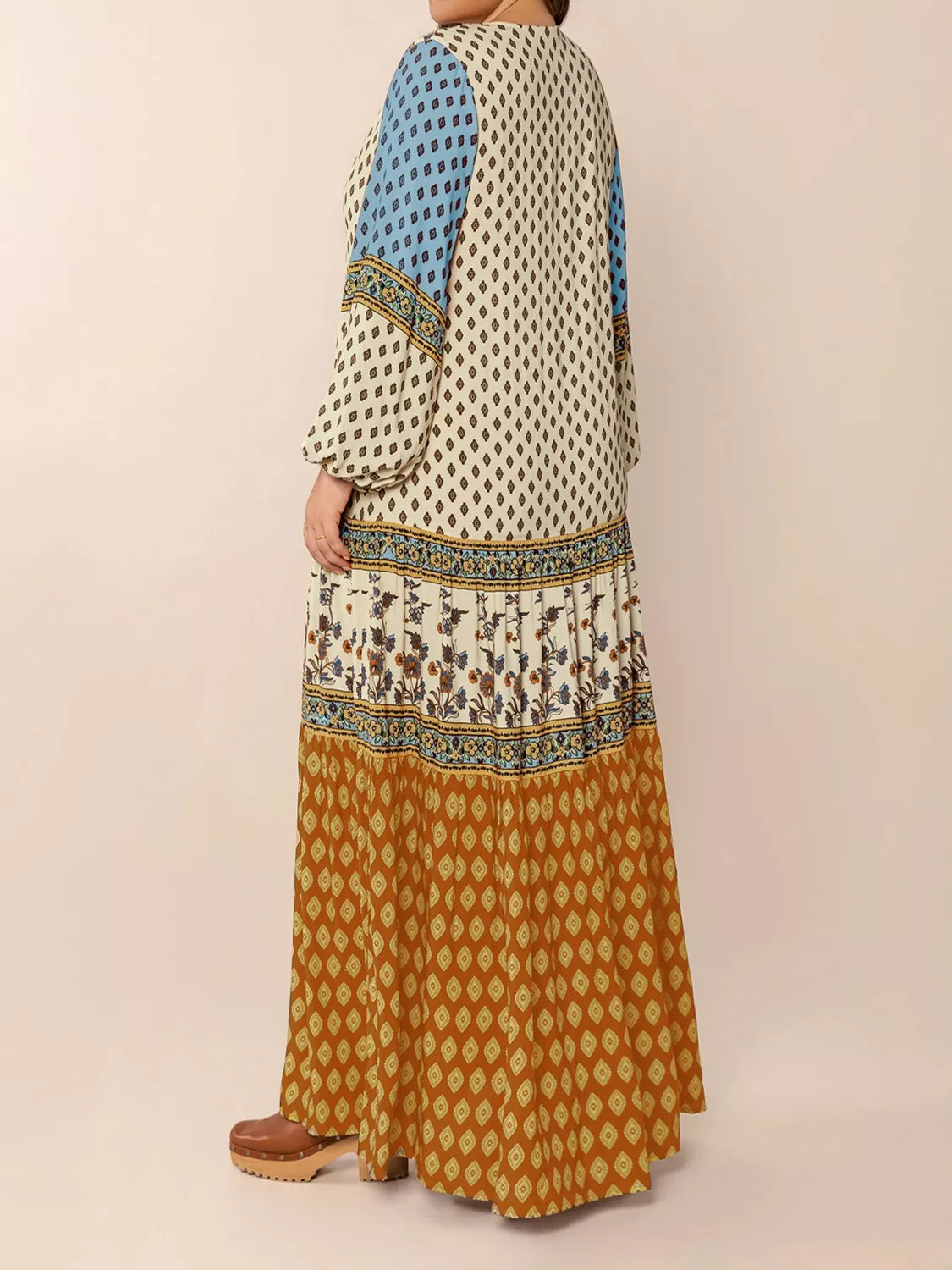 Bohemian Mixed Print Long Sleeve Maxi Dress