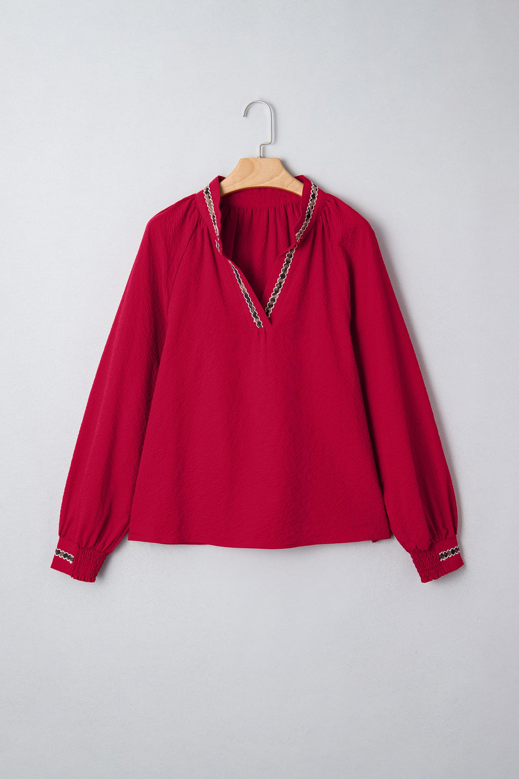 Leopard Contrast Trim V-Neck Long Sleeve Blouse