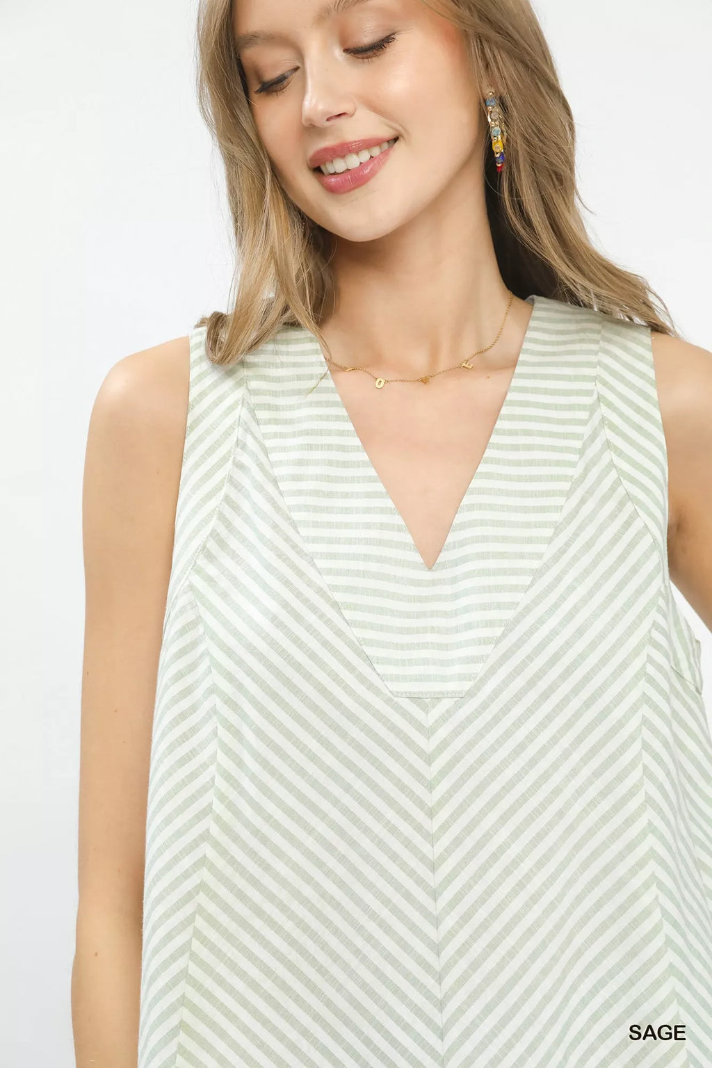 Umgee Mixed Stripe Sleeveless V-Neck Top