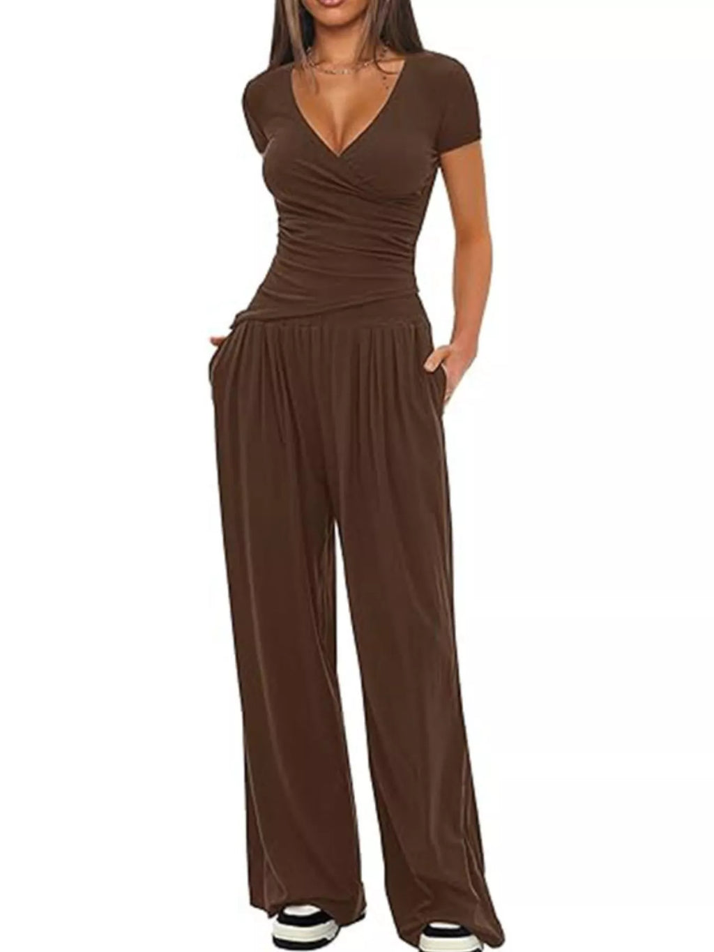 Surplice Short Sleeve Top and Pants Set