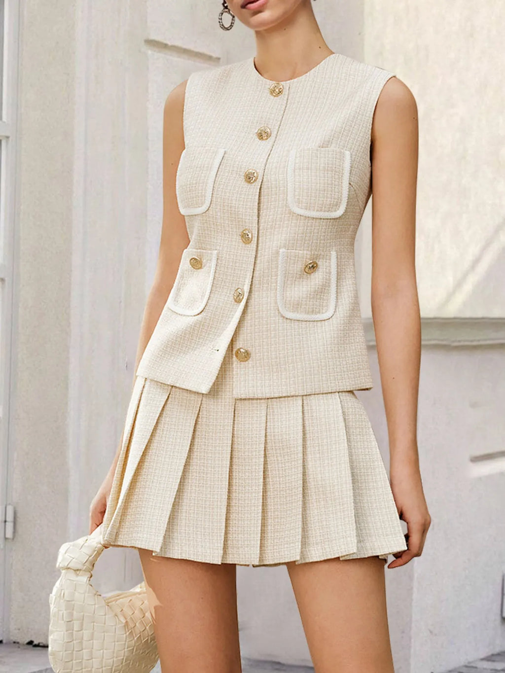 Tweed Button-Front Vest and Pleated Skirt Set