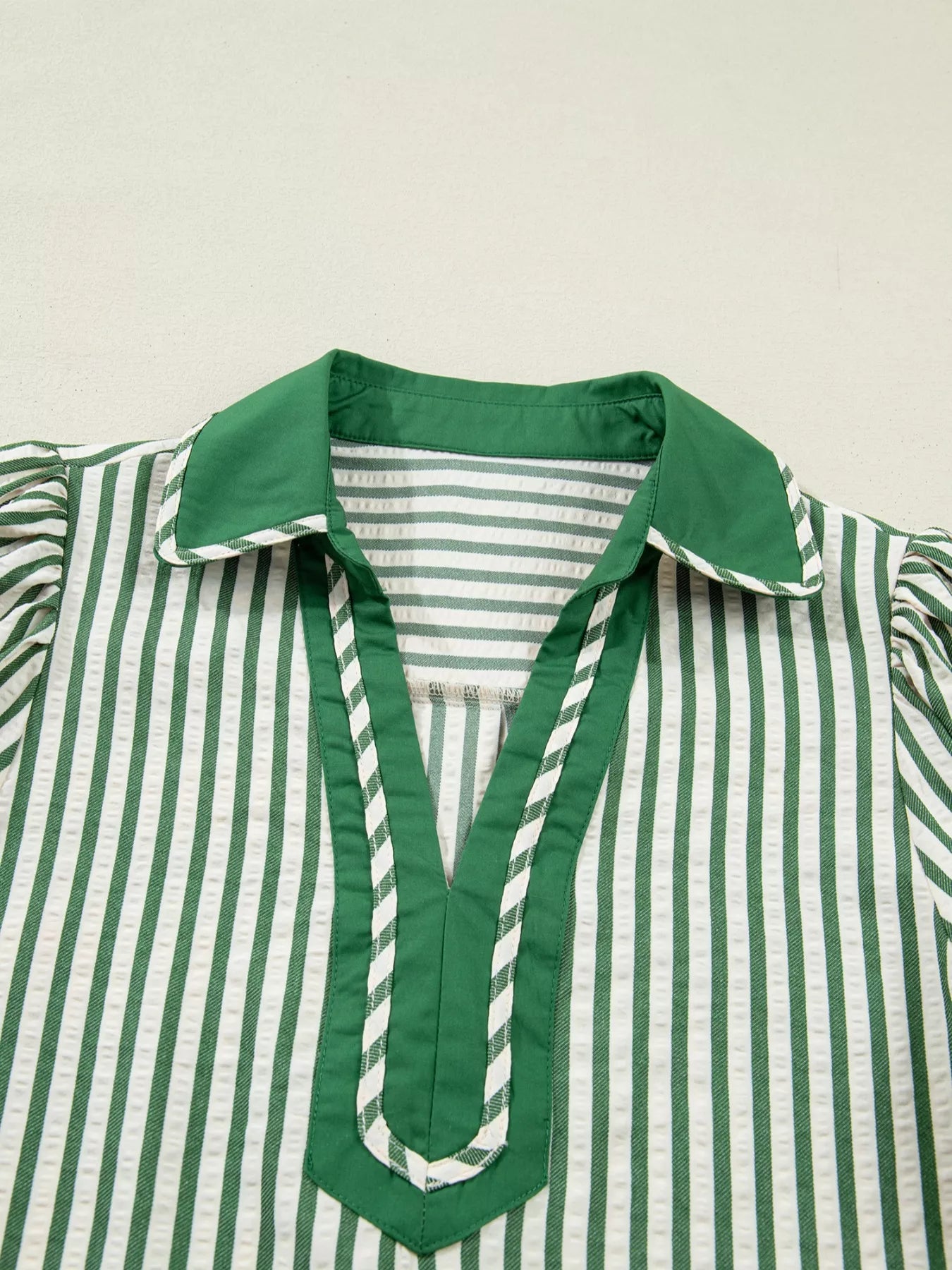 Stripe Collared Split Neck Short Bubble Sleeve Blouse