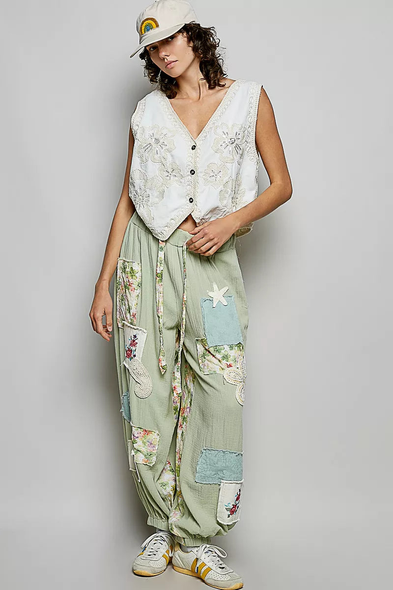 POL Embroidered Floral V-Neck Button Down Crochet Vest
