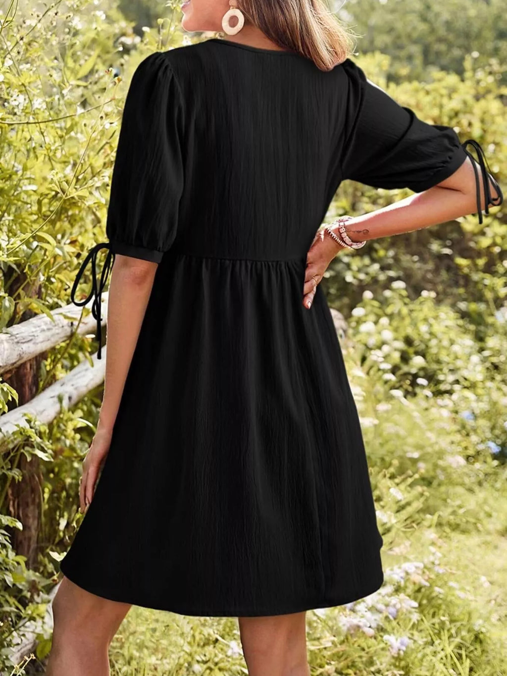 Tie-Neck Puff Sleeve A-Line Mini Dress