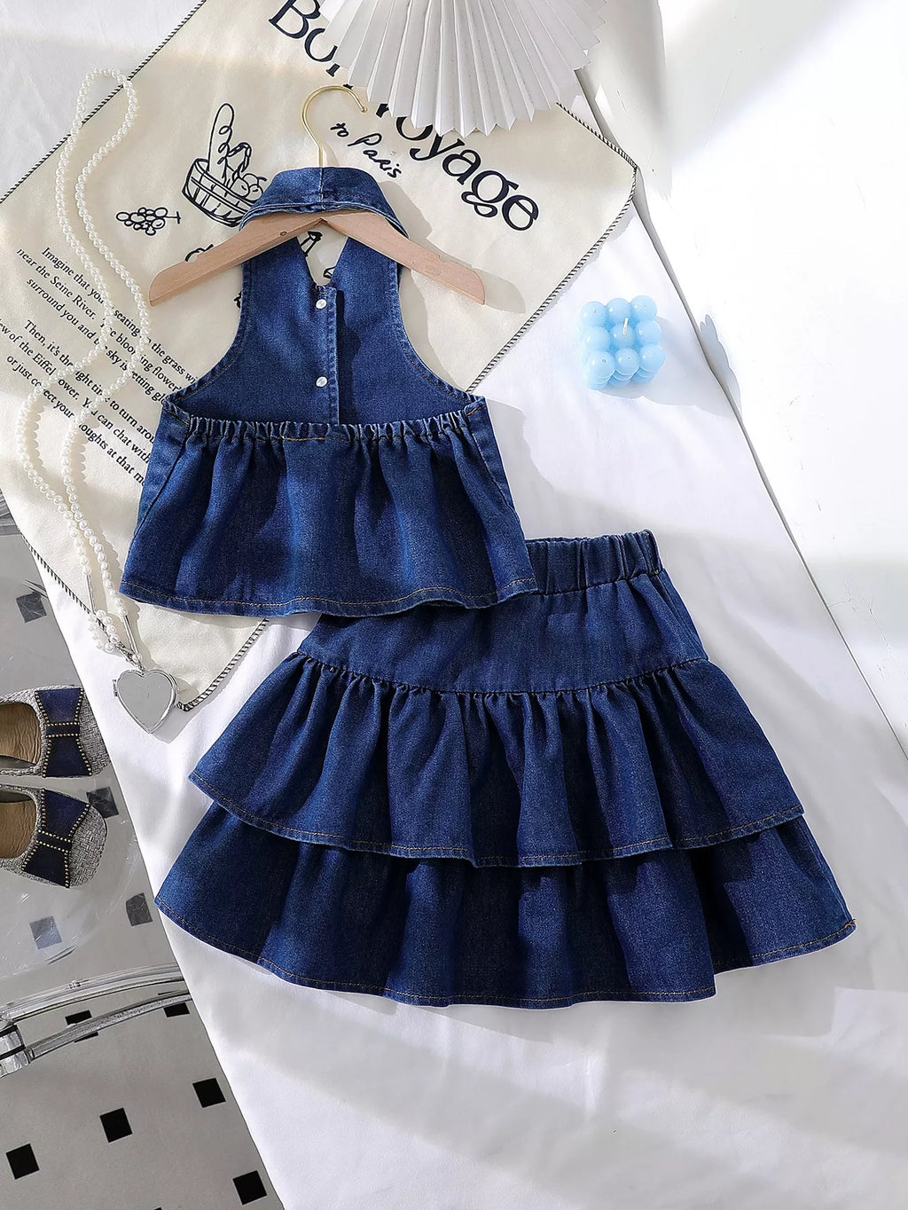 Children's Button UP Vest and Skirt Denim Set