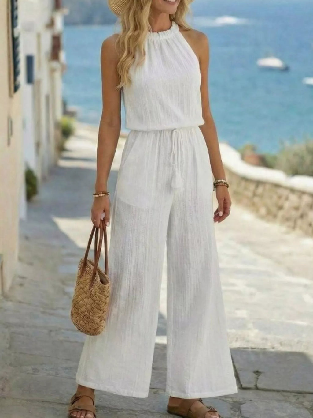 Full Size Tassel Sleeveless Wide Leg Jumpsuit Plus Size