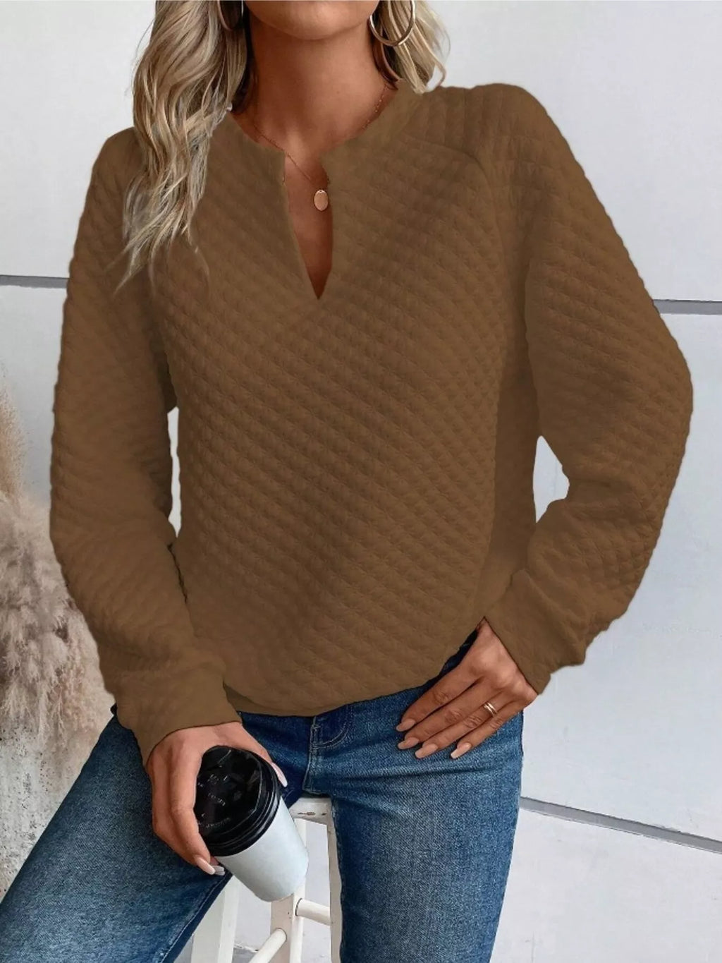 Textured Notched Raglan Sleeve Sweatshirt