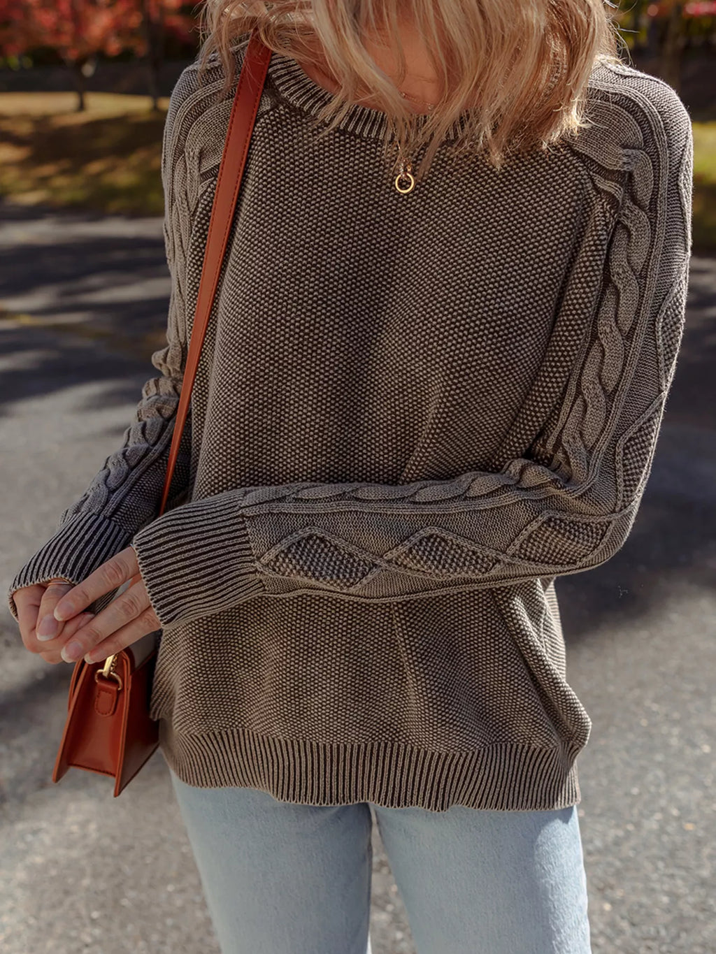 Contrast Cable Knit Sleeve Casual Sweater