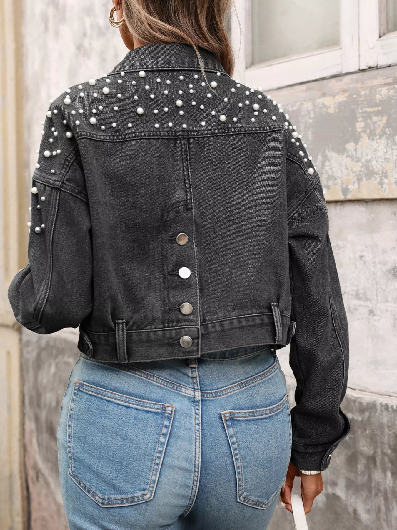Pearl Embellished Cropped Denim Jacket