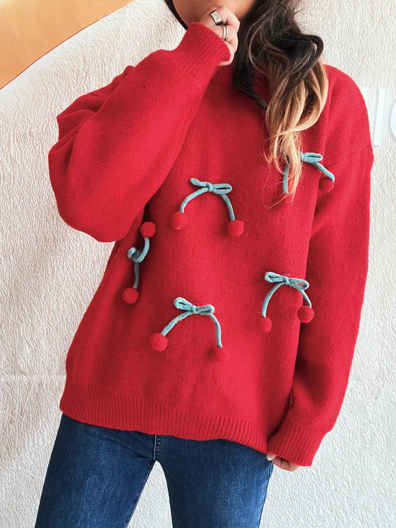 Cherry Round Neck Long Sleeve Sweater