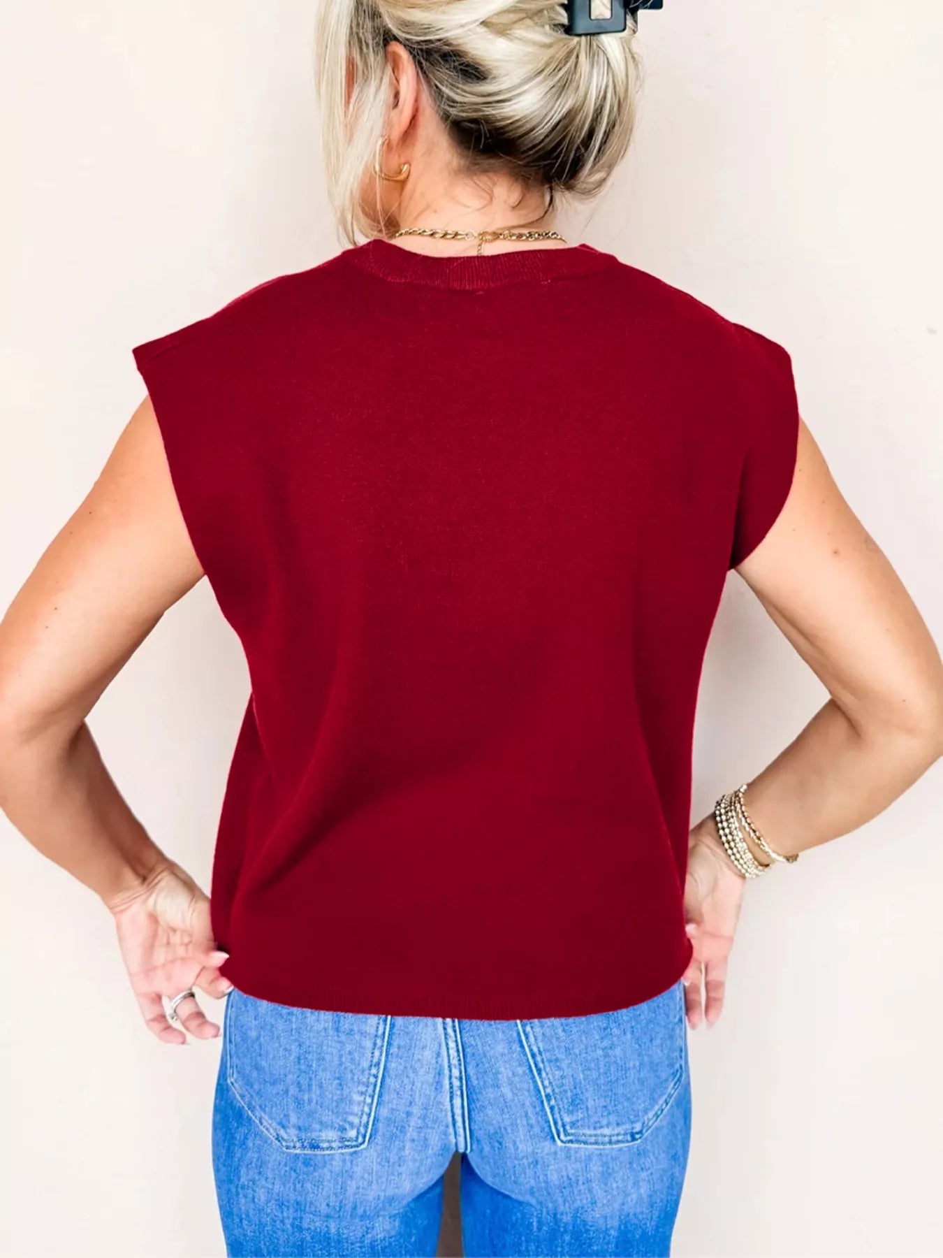 Solid Color Crew Neck Knit Cap Sleeve Sweater