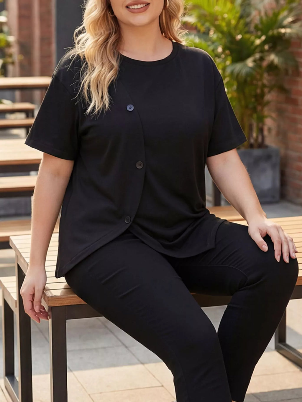 Plus Size Asymmetrical Button Decor Short Sleeve T-Shirt