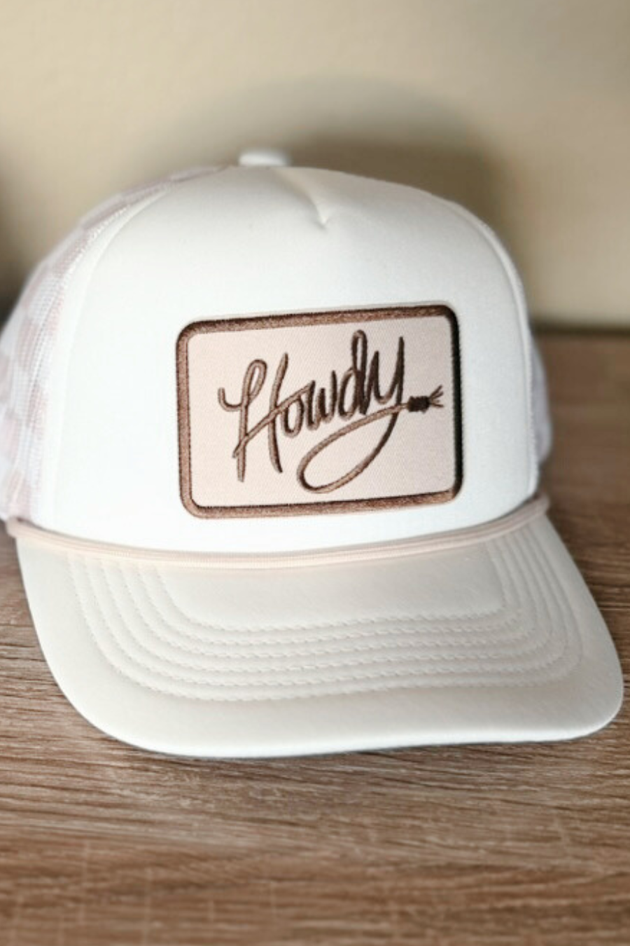 HOWDY on Neutral Hat - Checkered Mesh Trucker Hat