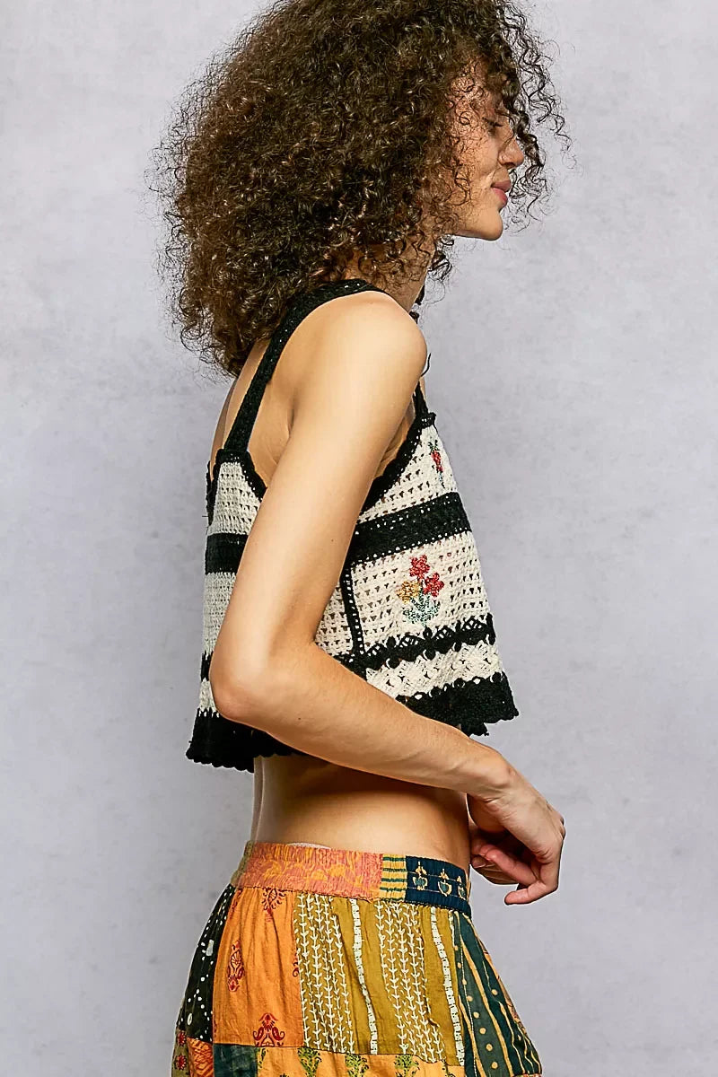 POL Floral Embroidered Cropped Crochet Cami with Scalloped Hem