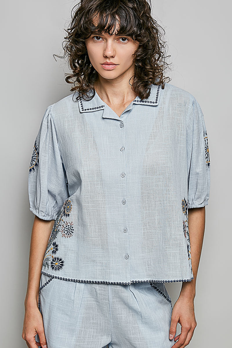 POL Button Down Embroidered Floral Short Sleeve Shirt