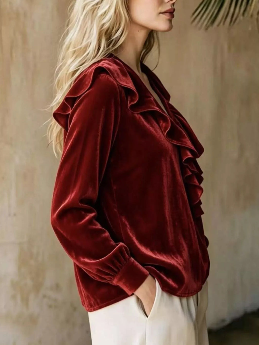 Full Size Ruffled V-Neck Long Sleeve Blouse Plus Size