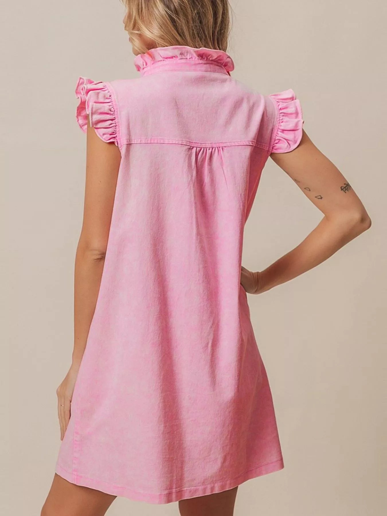 Ruffled Trim Button-Down Denim Dress
