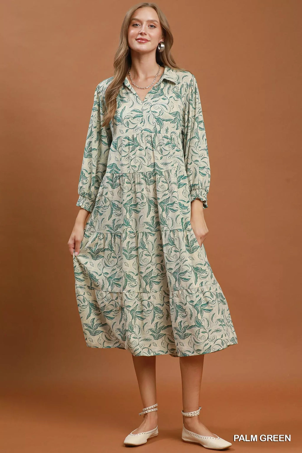 Umgee Linen Botanical Print Tiered Midi Dress