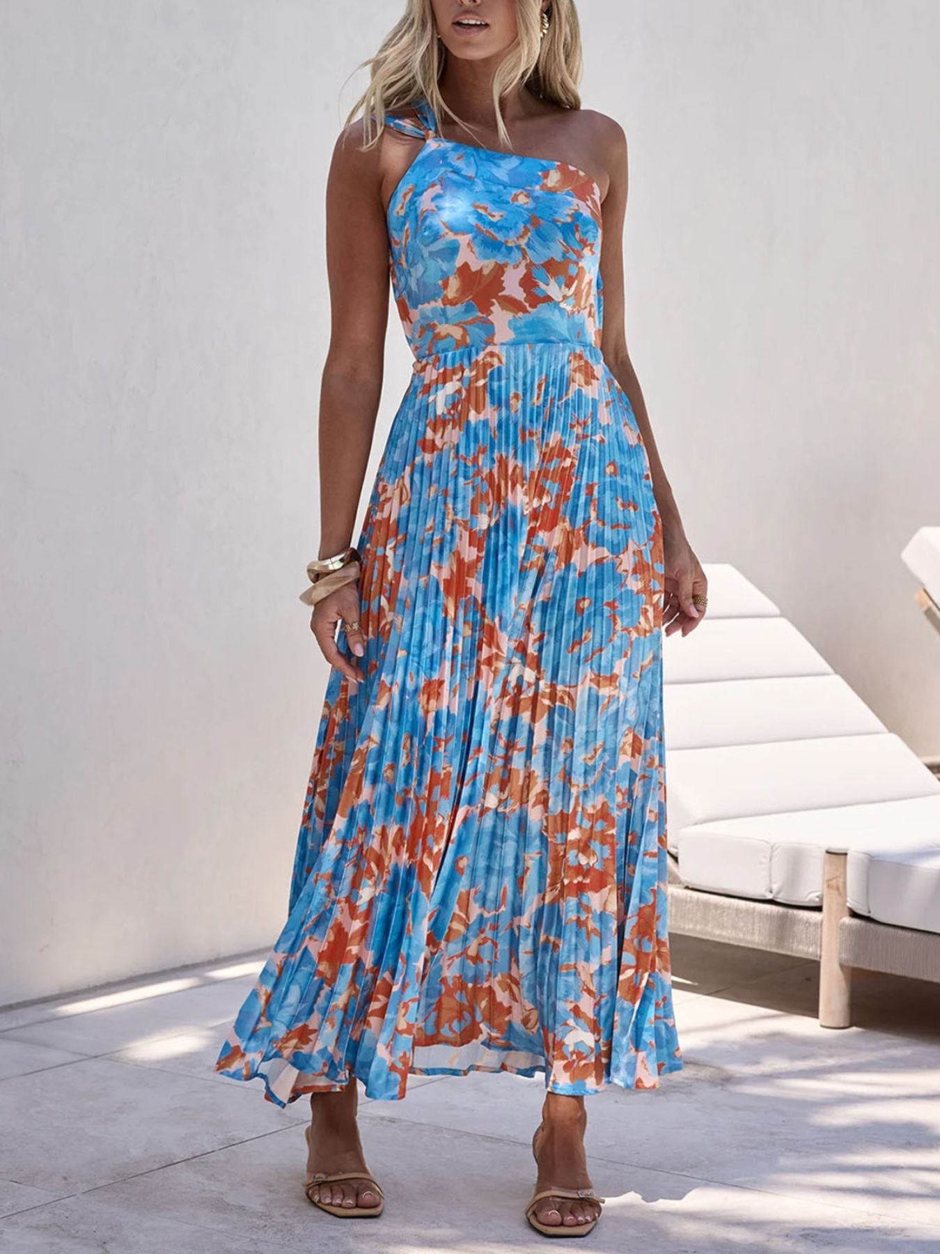 Floral Print One-Shoulder Pleated Dress