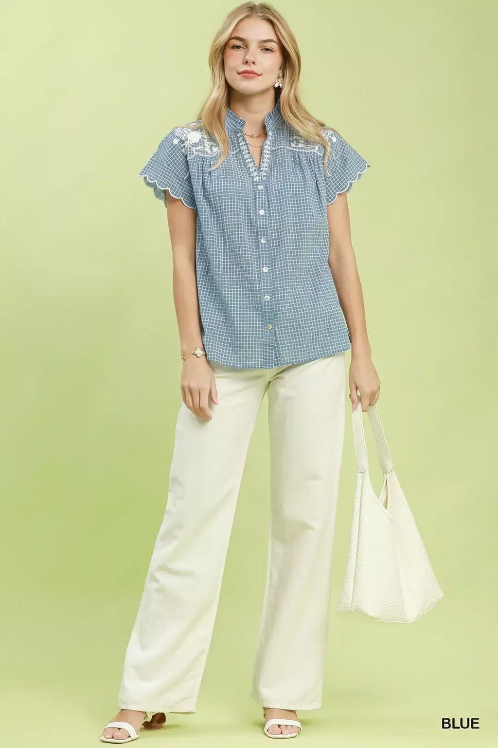 Umgee Embroidered Print Scallop Sleeve Button Front Blouse