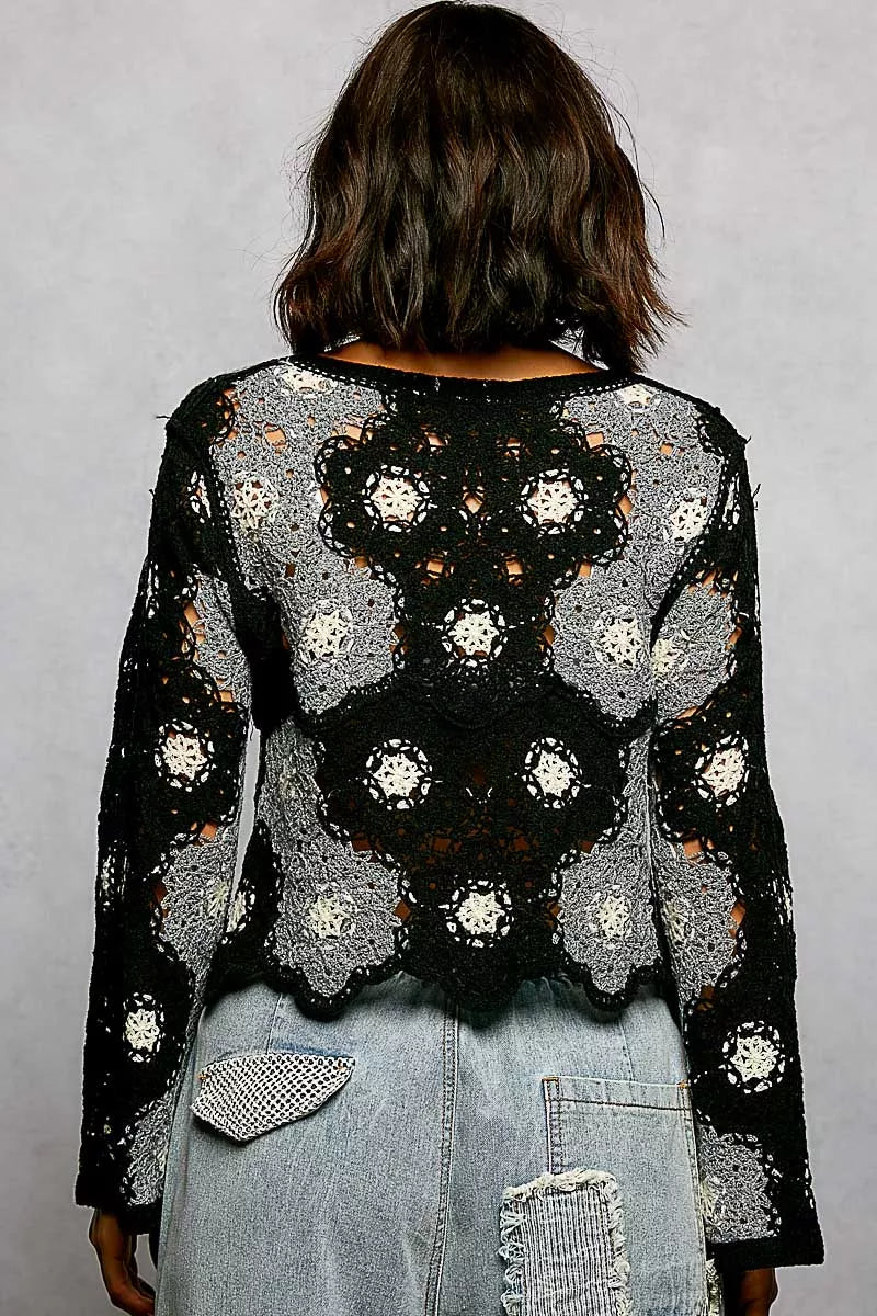 POL Floral Weave Pattern Crochet Cropped Top with Beads Detail