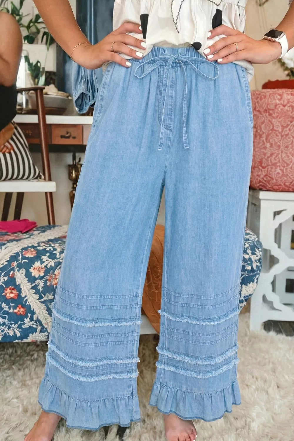 Ruffled Hem Wide Leg Chambray Jeans