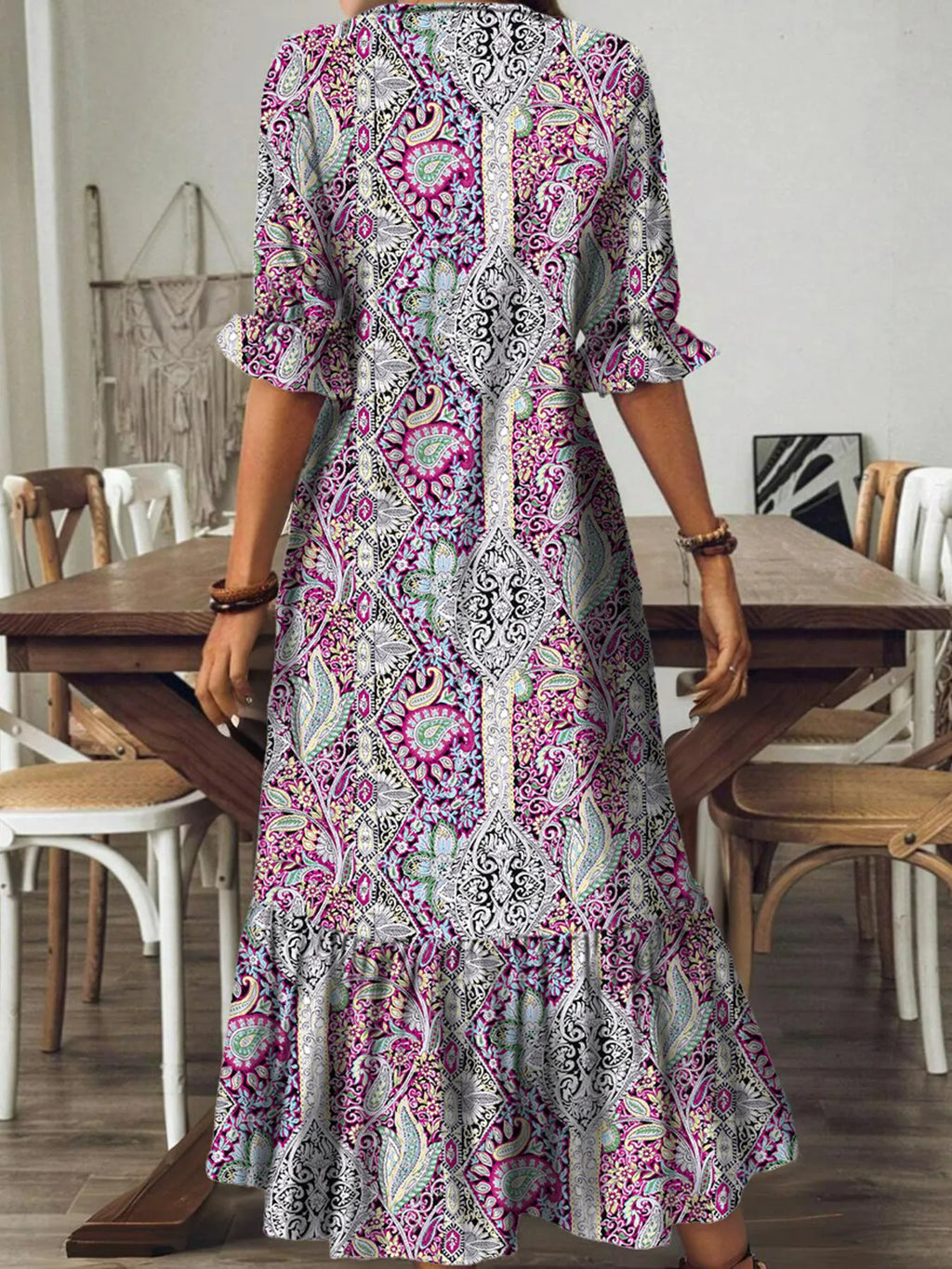 Full Size Bohemian Paisley Print V-Neck Midi Dress Plus Size
