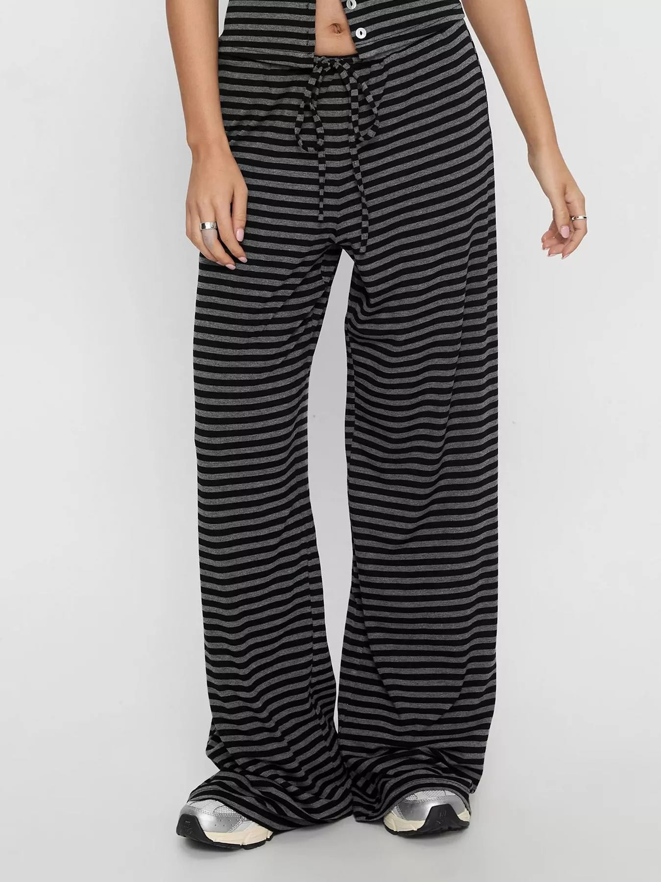 Striped Button-Down Top and Wide-Leg Pants Set