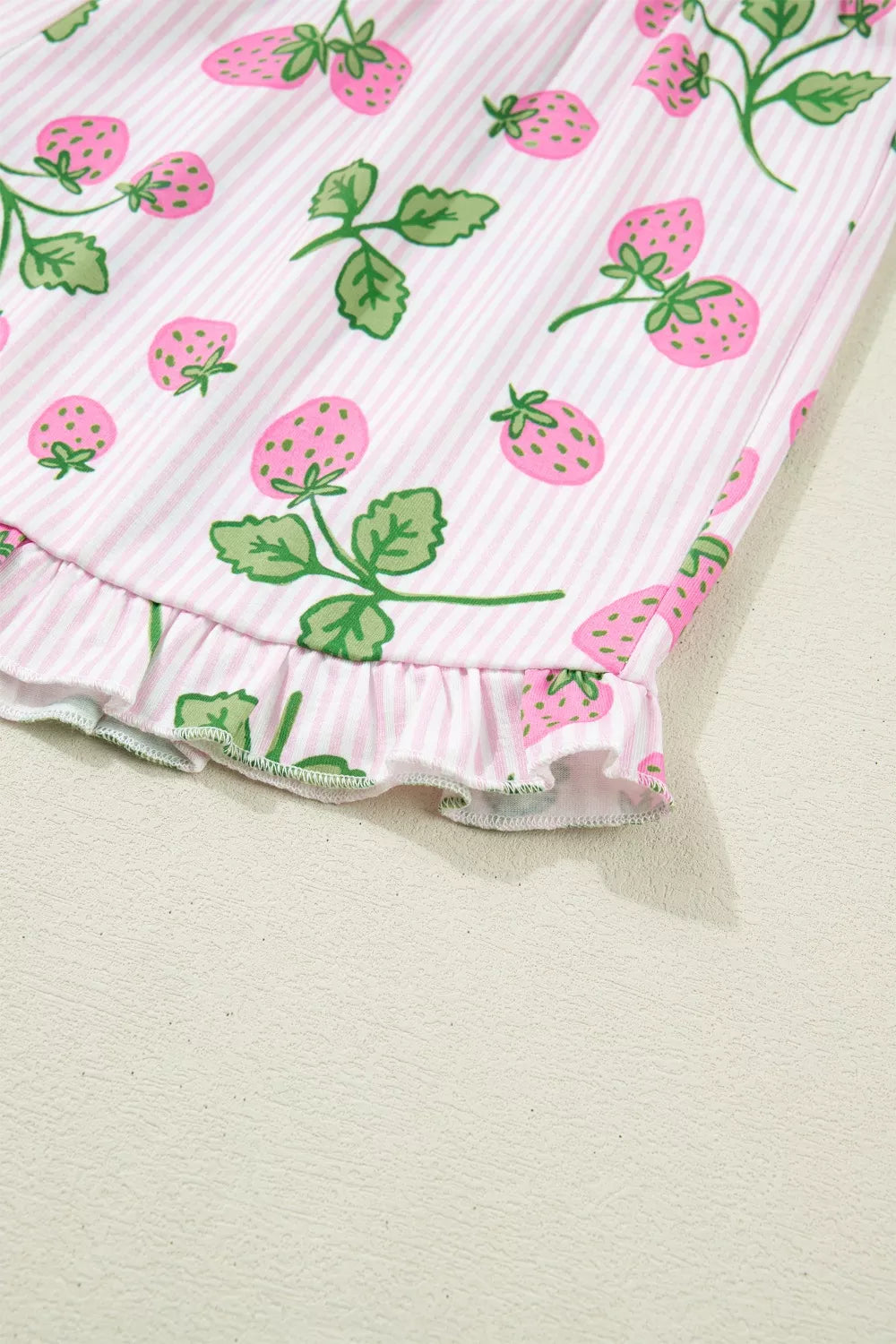 Striped Strawberry Print Lapel Shirt Drawstring Shorts 2pcs Pajama Set
