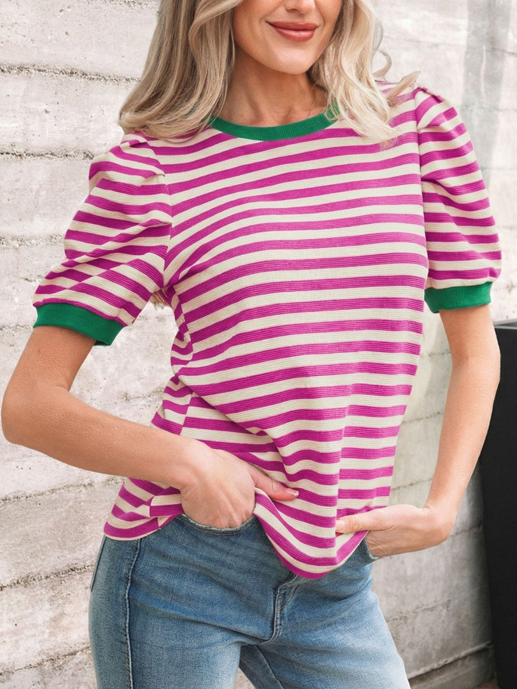 Stripe Short Puff Sleeve Contrast Trim Round Neck Tee