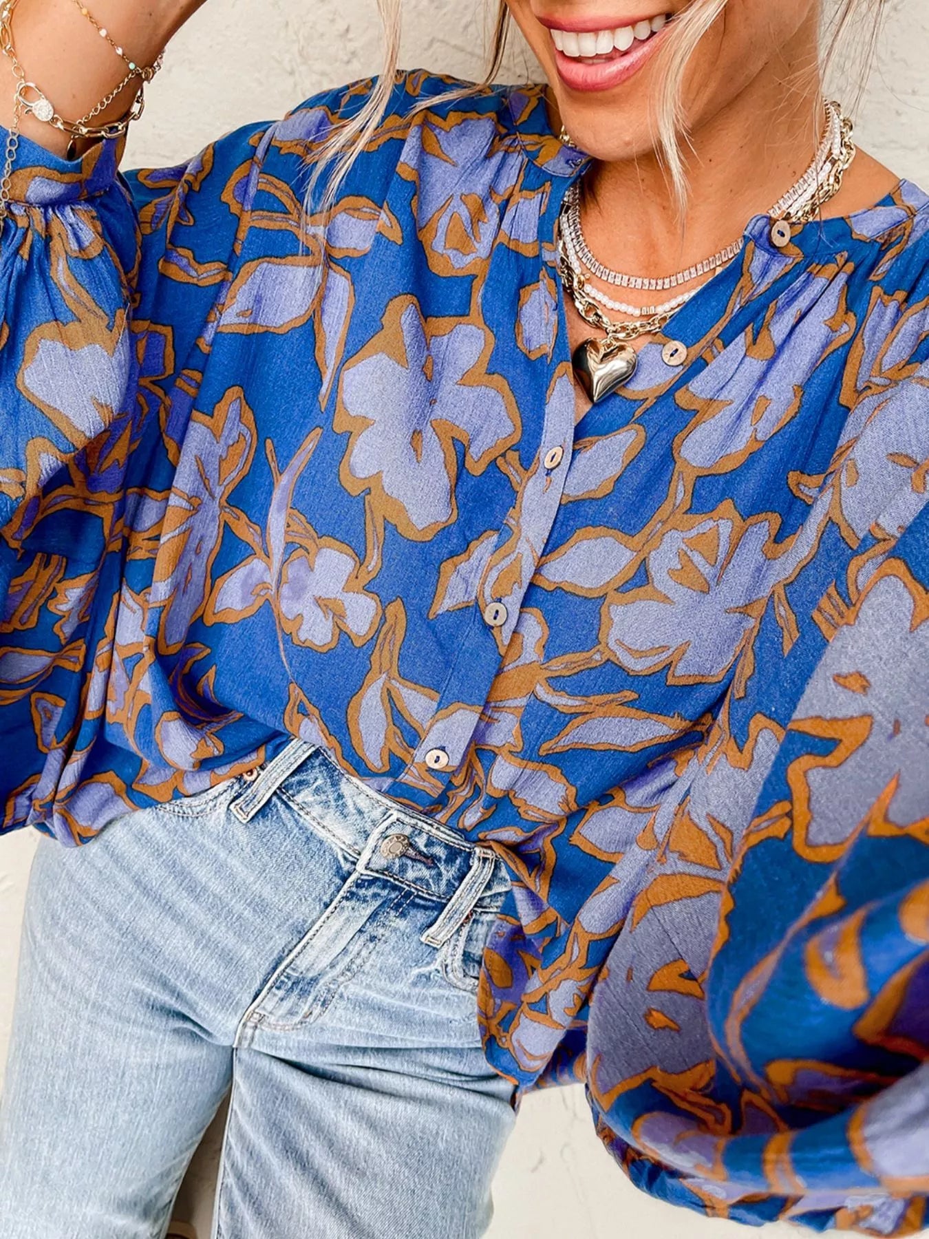 Floral Print Batwing Sleeve Buttoned Loose Fit Shirt