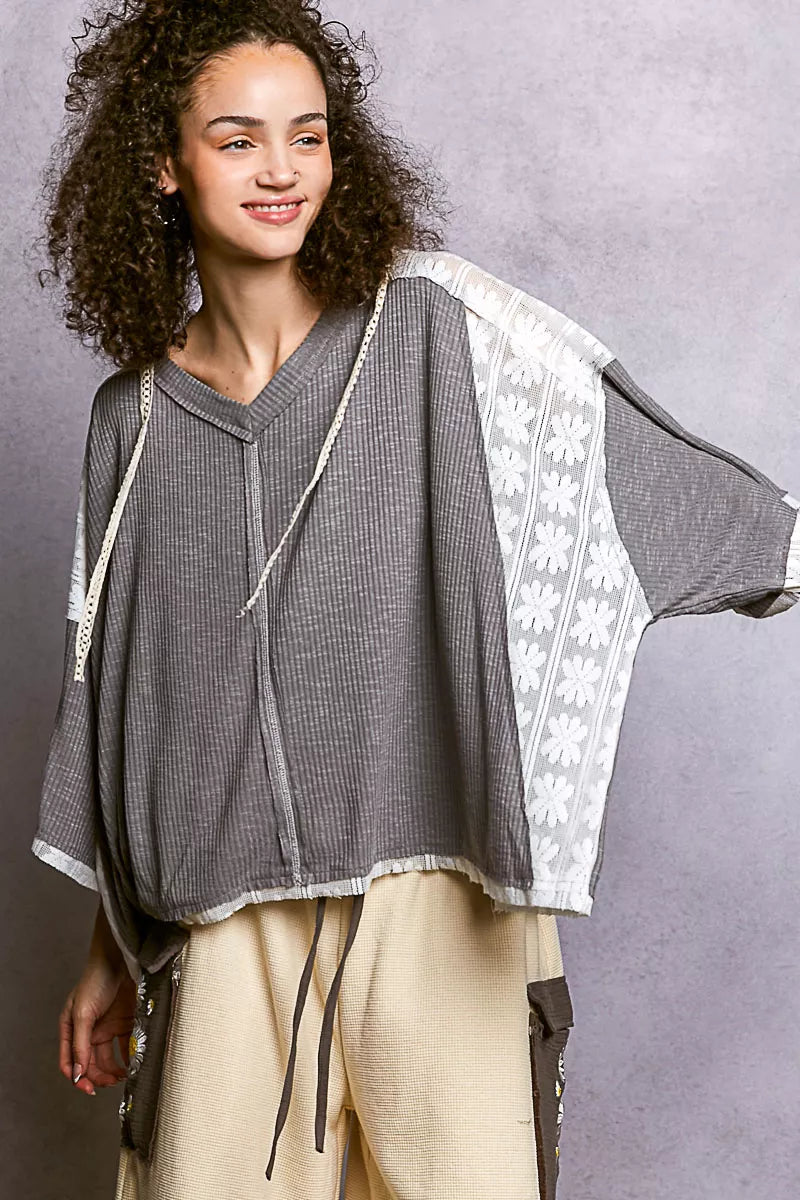 POL Short Sleeve Hoodie Top with Lace Detail