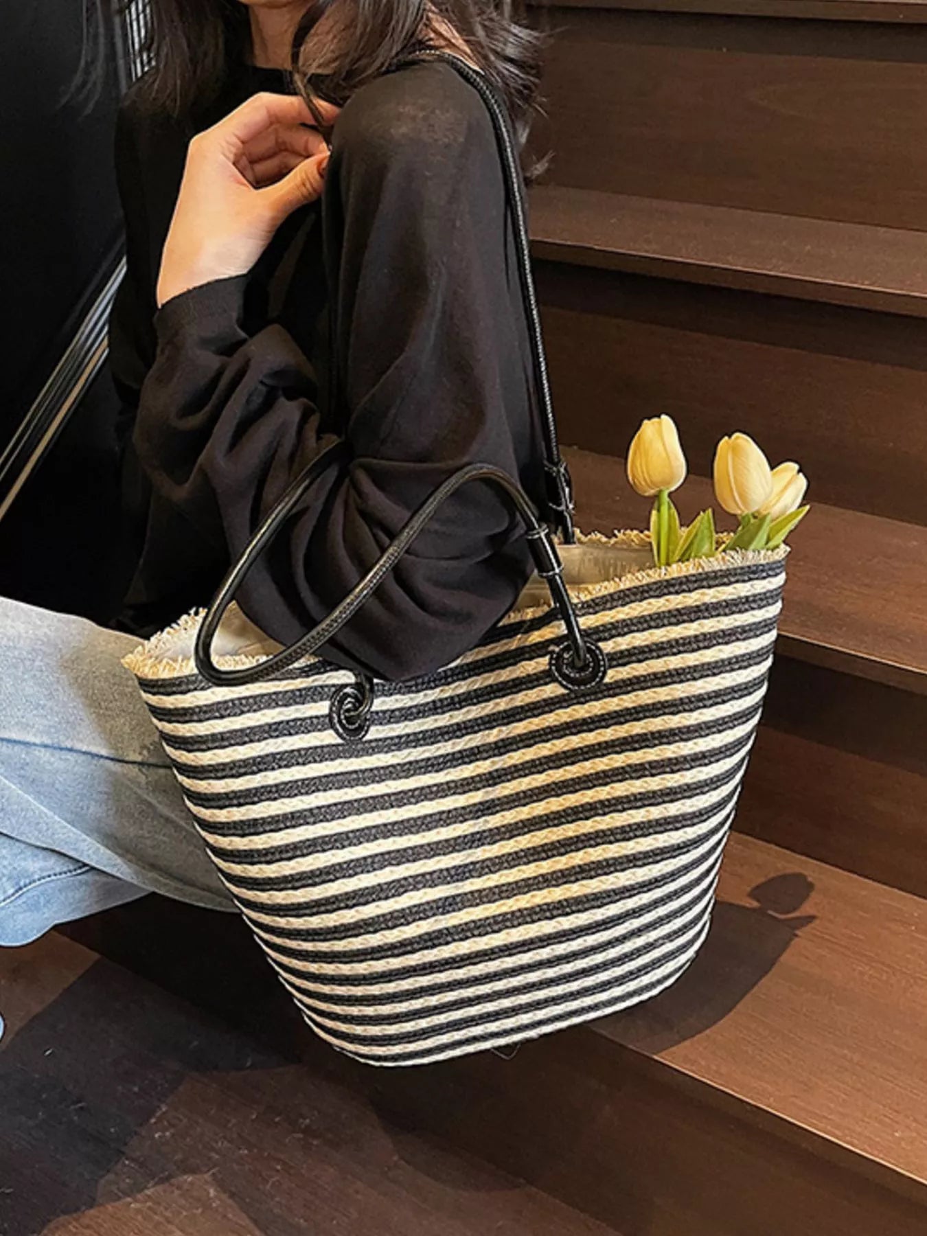Striped Woven Straw Shoulder Bag