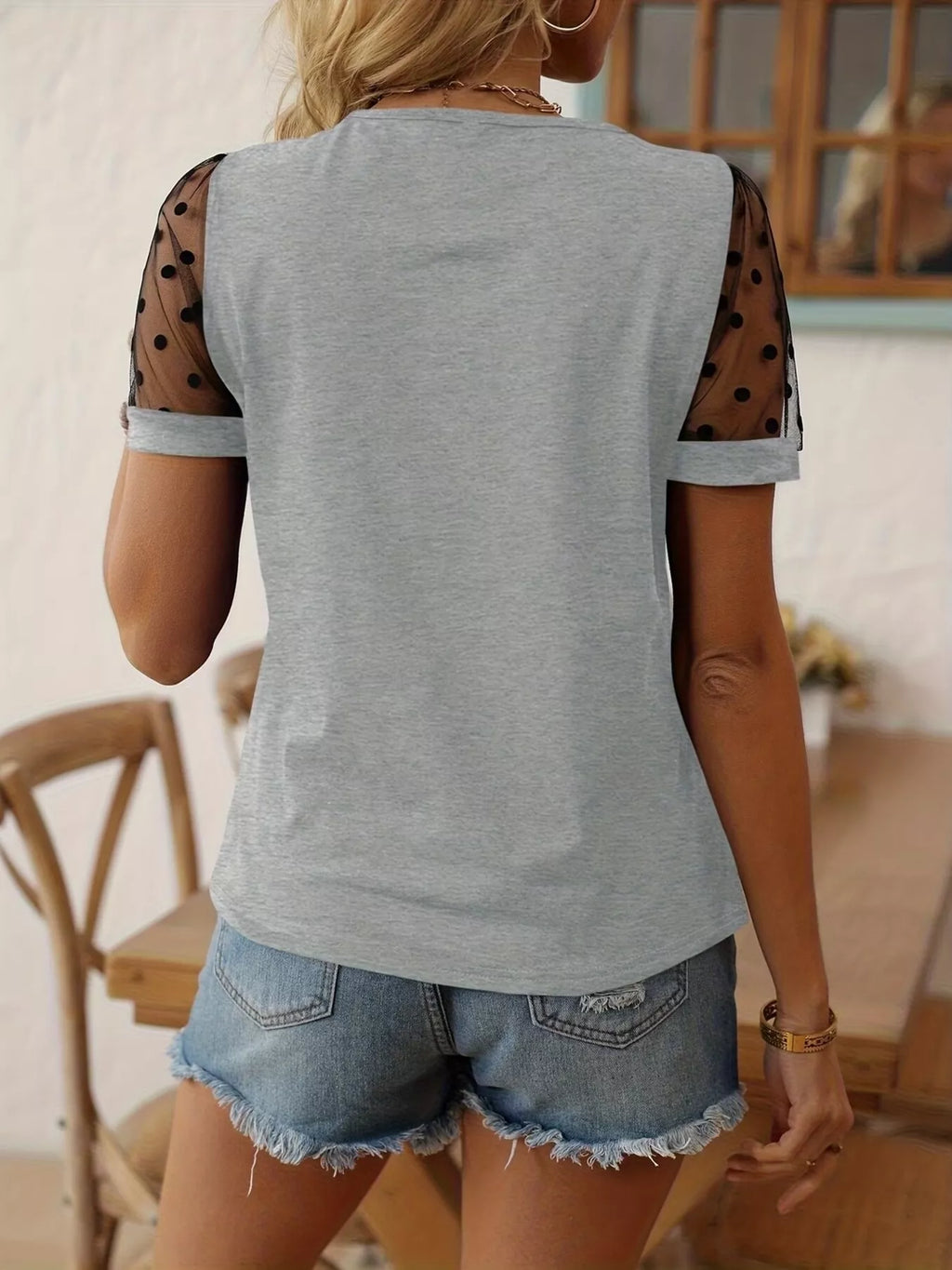 Polka Dot Mesh Sleeve T-Shirt