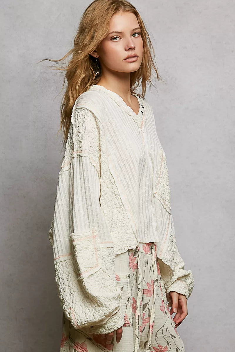 POL V-Neck Long Sleeve Top with Stitch Detail